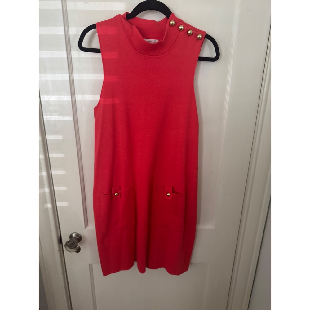 89th & Madison Red Sleeveless Sweater Dress Mock Neck Gold Button Pockets NWT L